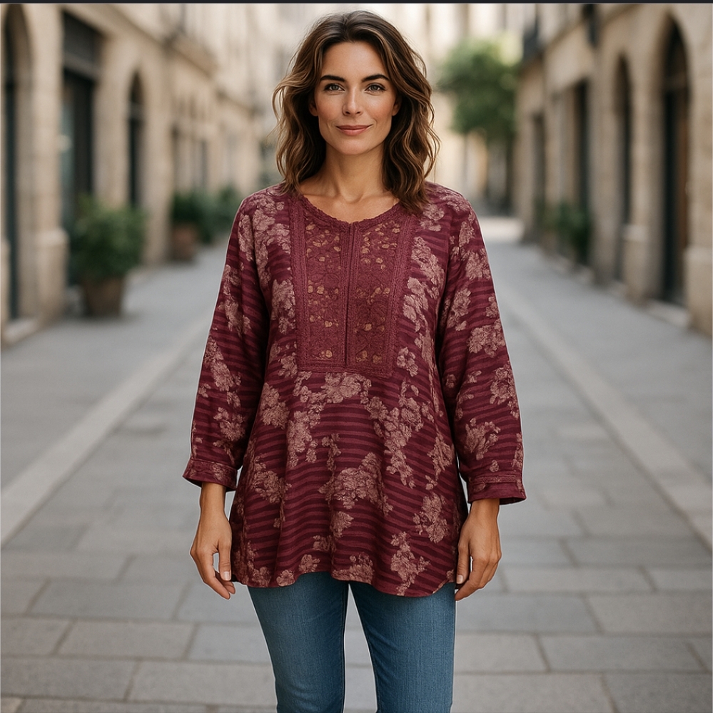 American Vintage Purple Floral/Stripes Lace Long Sleeve Blouse